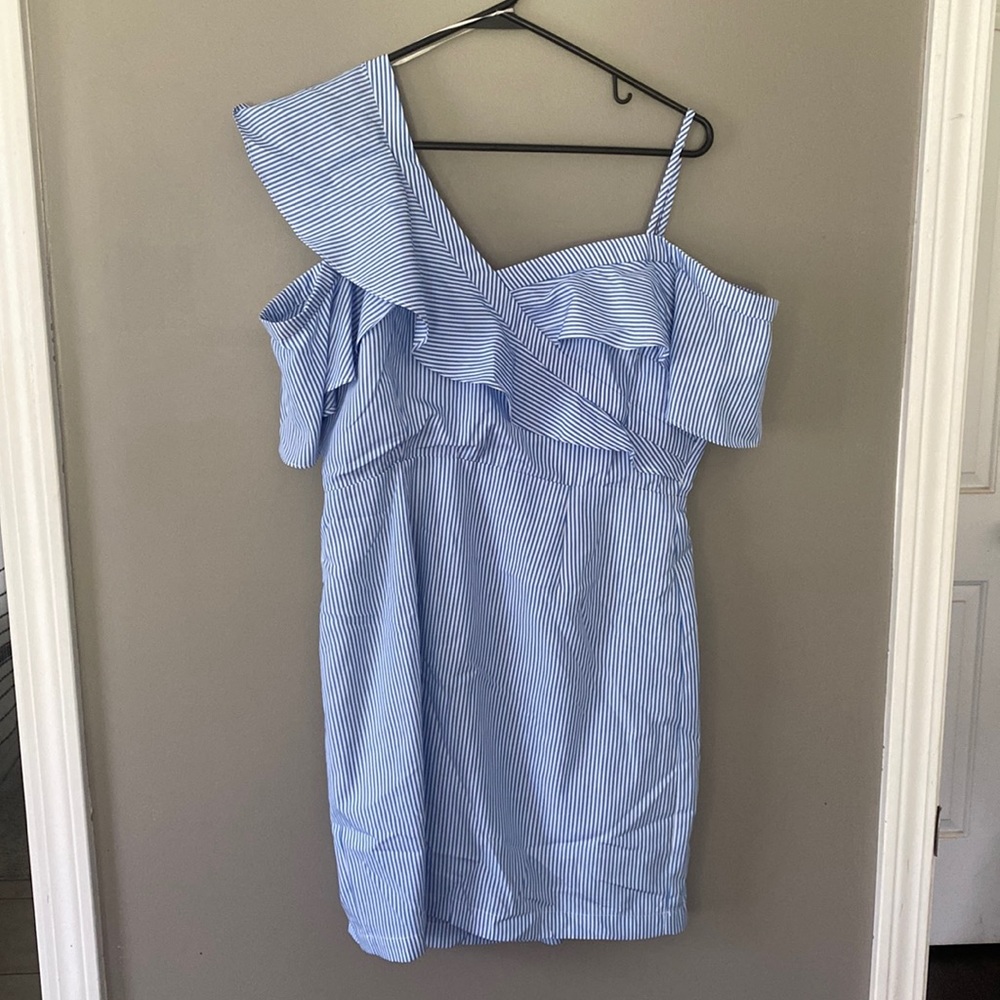 LUSH blue and white stripe ruffle dress. Size L